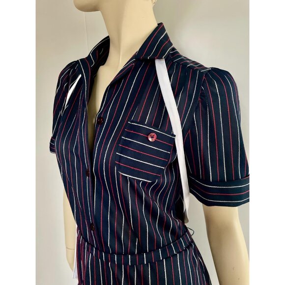 1970s Dress, Size M, Navy Pinstripe Midi Dress with Neck Tie - Picture 6 of 10